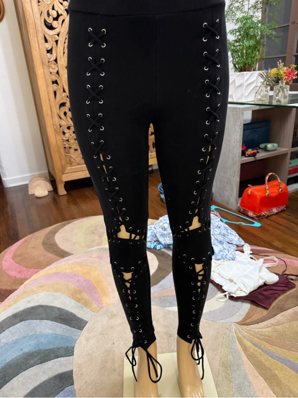 High Waisted Black Lace-Up Grommet Cut Out Leggings size S